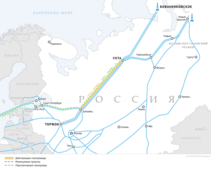 Схема газопроводов «Ухта — Торжок» и «Ухта — Торжок — 2»