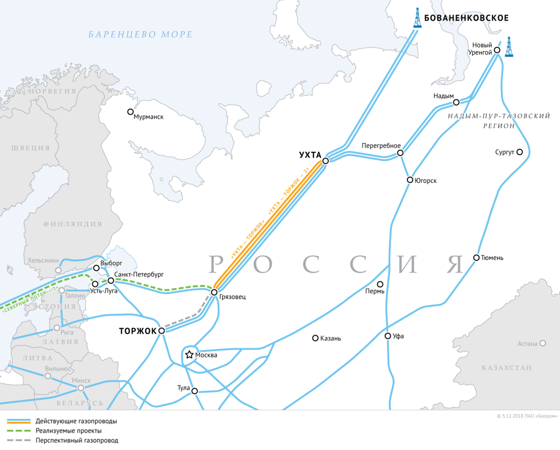 Схема газопроводов «Ухта — Торжок» и «Ухта — Торжок — 2»